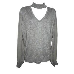 Ramy Brook Sheer Sleeve Sweater Cashmere Silk size Large gray cutout neckline